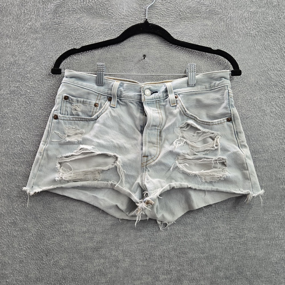 Levi's 501 Women Shorts W27 Light Blue Denim Distressed Button Raw Hem